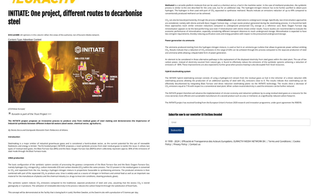 INITIATE featured on Euractiv for its different routes to decarbonise steel